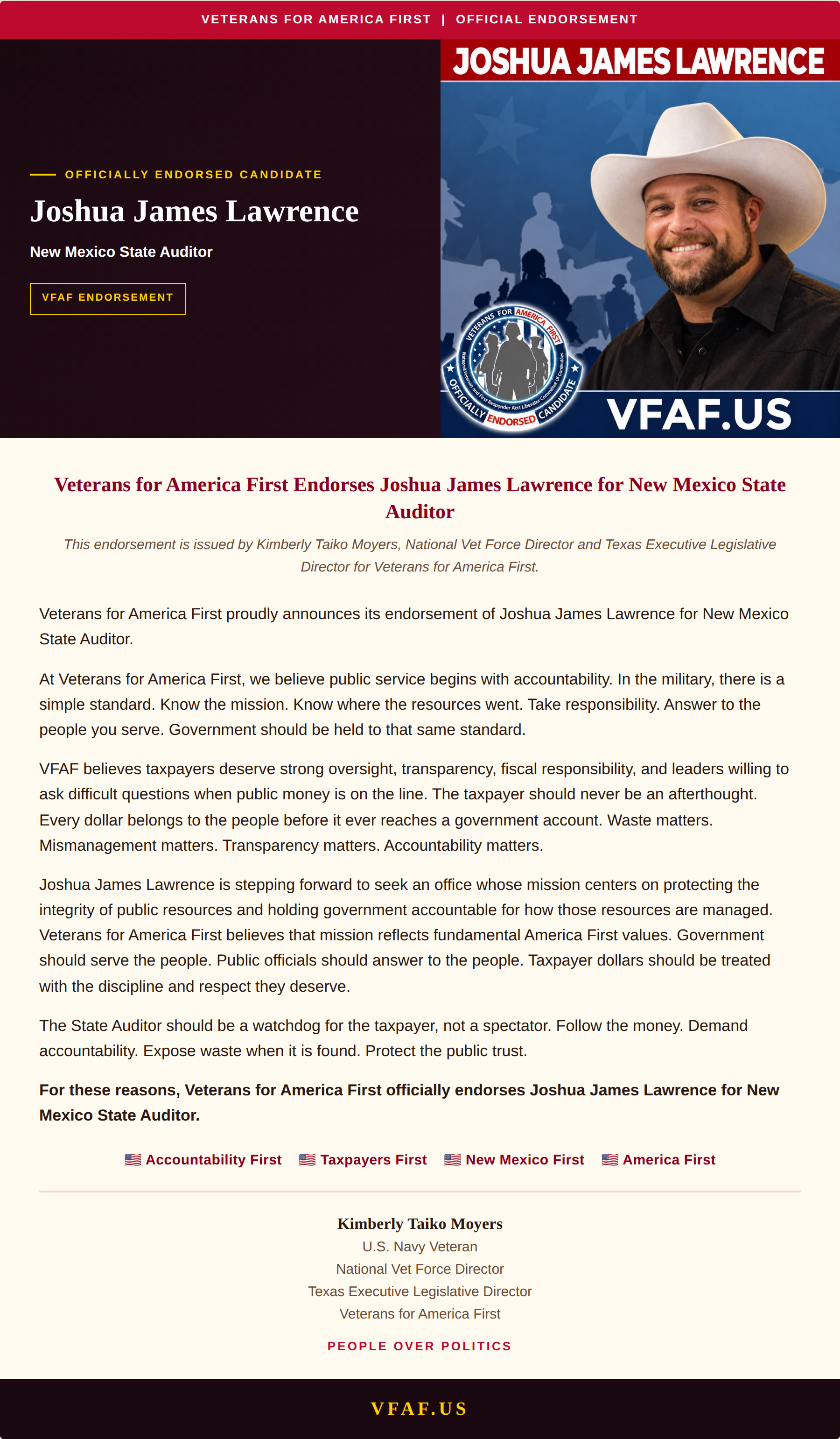 Veterans for America First officially endorses Joshua James Lawrence for New Mexico State Auditor