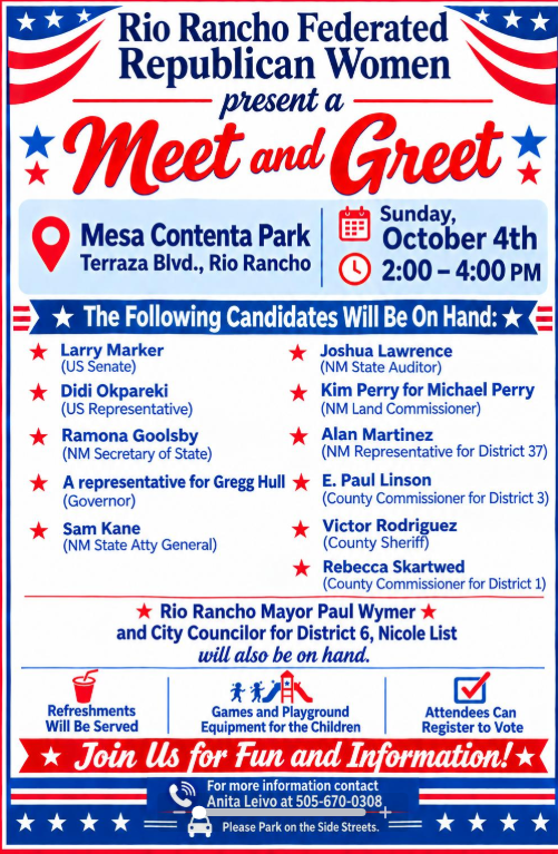 Rio Rancho Federated Republican Women Meet and Greet flyer featuring Joshua Lawrence and other candidates, Sunday October 4th, Mesa Contenta Park
